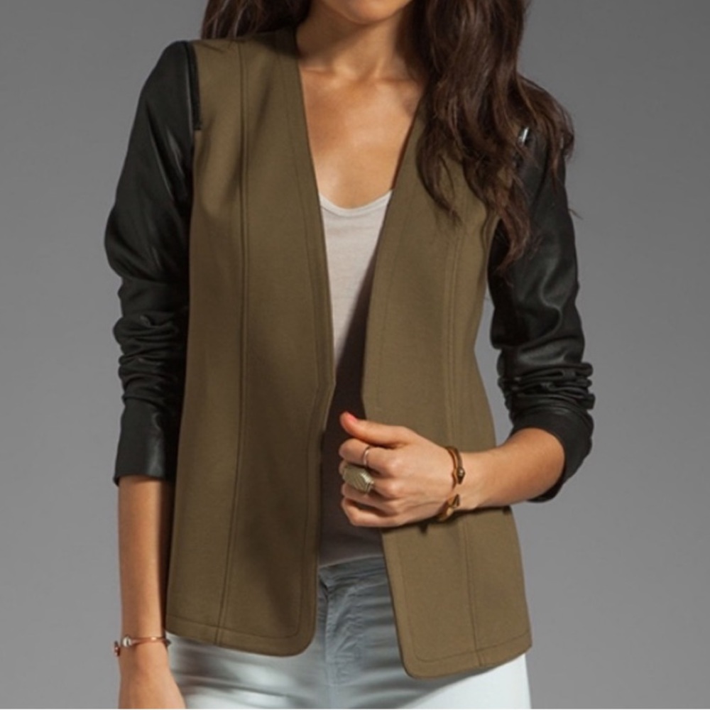 Theory Yaisa Pryor Goat Leather Open Front Olive Green Jacket Size Large